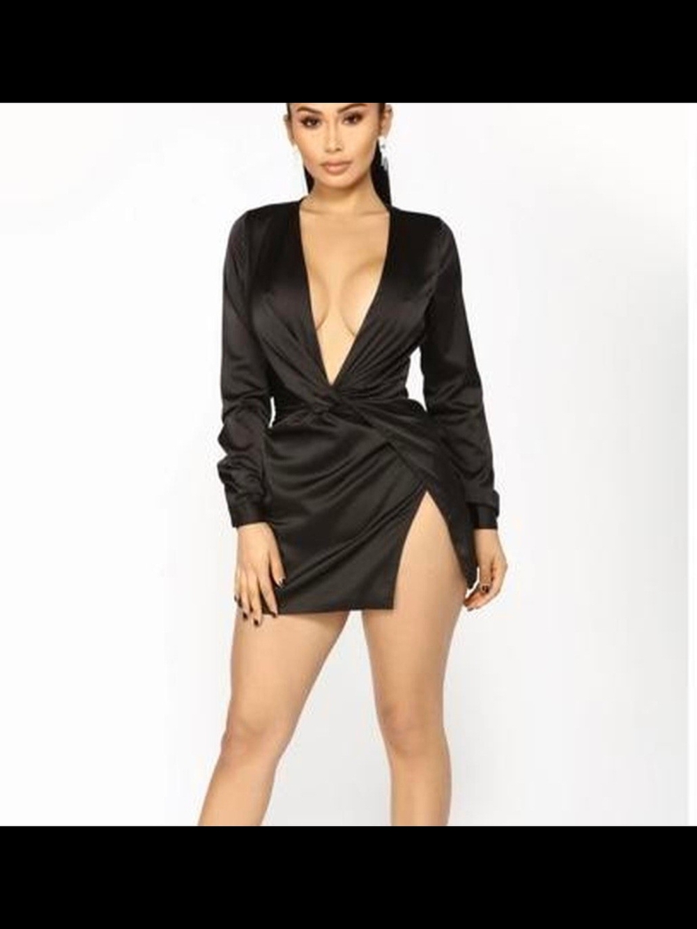 Fashion Nova Black Satin Deep V Twist Tie Wrap Mini Dress